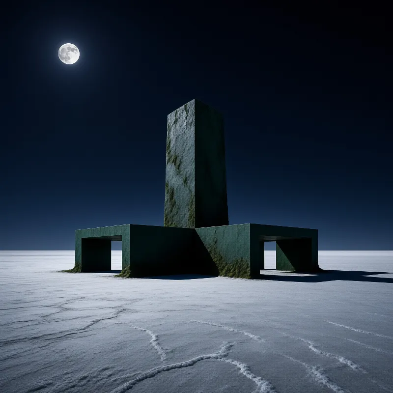 A large mossy stone pillar stands on a flat white landscape at night with a bright full moon in the dark blue sky.