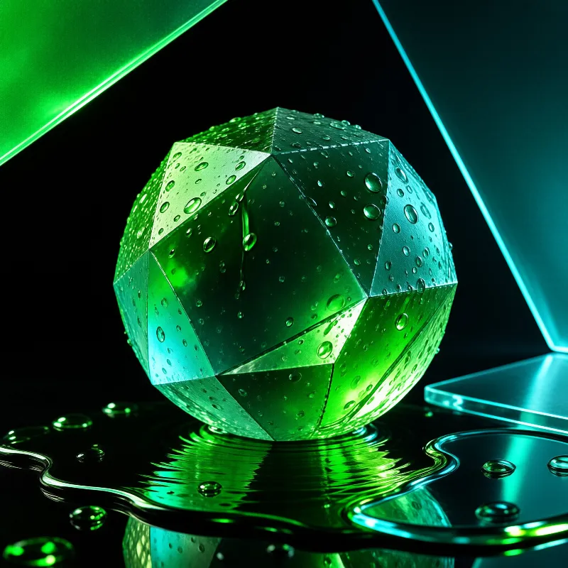 A translucent green polyhedron covered in water beads sits upon a dark reflective liquid surface.