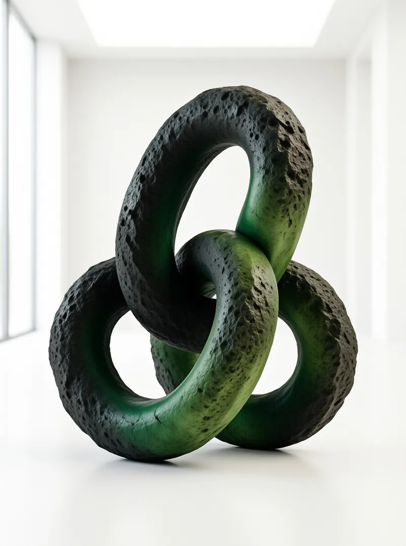 A looping sculpture of pitted stone rises on a white plinth beneath soft skylight.