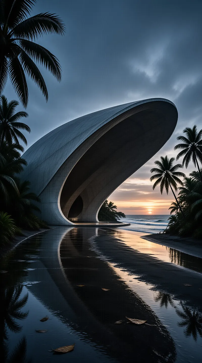 A sweeping white canopy curves over wet sand where palm silhouettes and the last light of sunset are mirrored at dusk