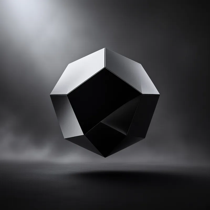 A black geometric polyhedron hovers above a dark floor while light illuminates the misty background.