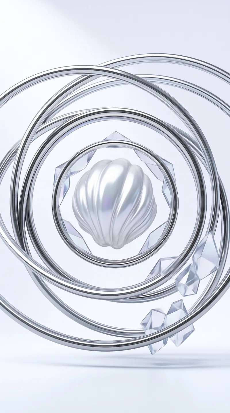 A grooved pearl like sphere floats at the center of silver circles with glass shards drifting around