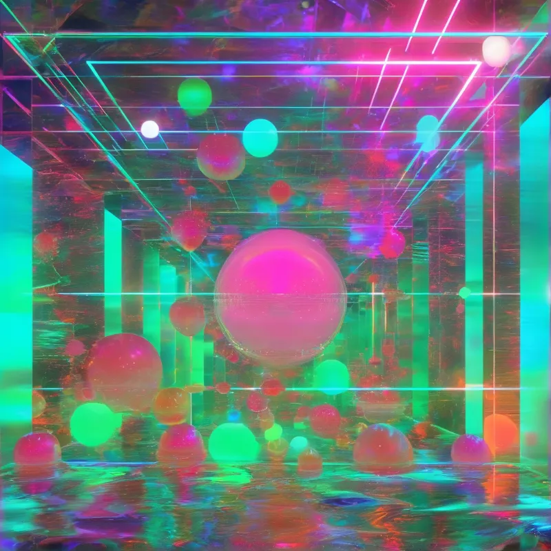 Abstract digital art showing floating pink and green spheres inside a room made of neon lines and reflective surfaces.