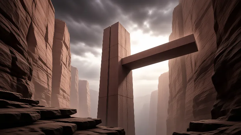 A tall carved stone pillar with a horizontal beam stands between towering canyon walls under a moody sky