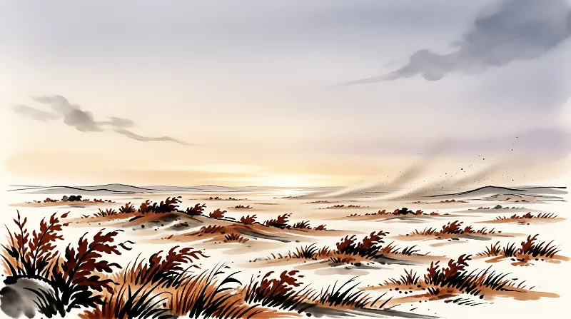 A loose watercolor painting depicts a vast salt flat beneath a soft glowing sky with dark foreground vegetation.