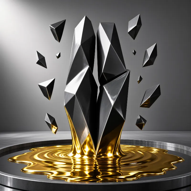 A polished silver form emerges from liquid gold while geometric shards float around it.