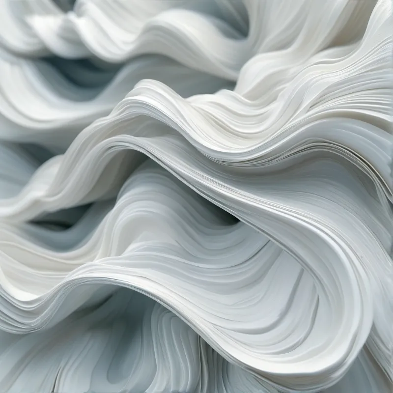 Flowing white surfaces create a rhythmic pattern of curves and shadows resembling fabric or stacked paper sheets.