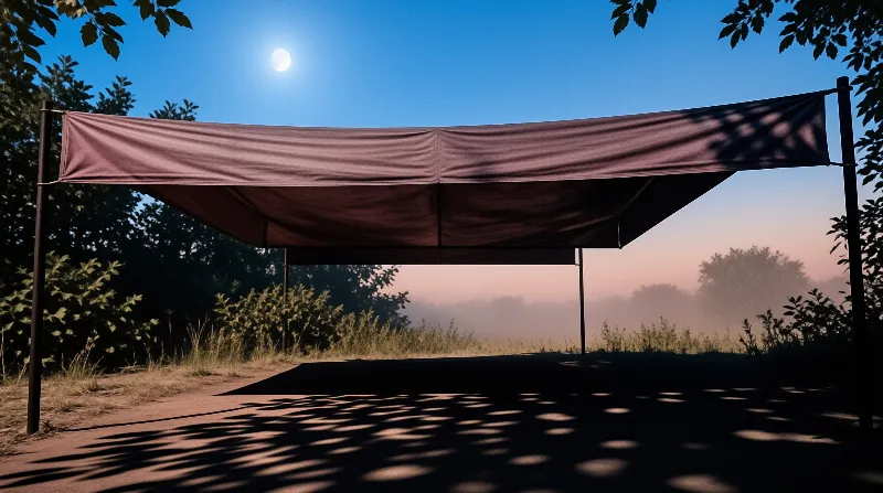 A large fabric shade structure stands in a field with trees while a bright moon hangs in the blue twilight sky.