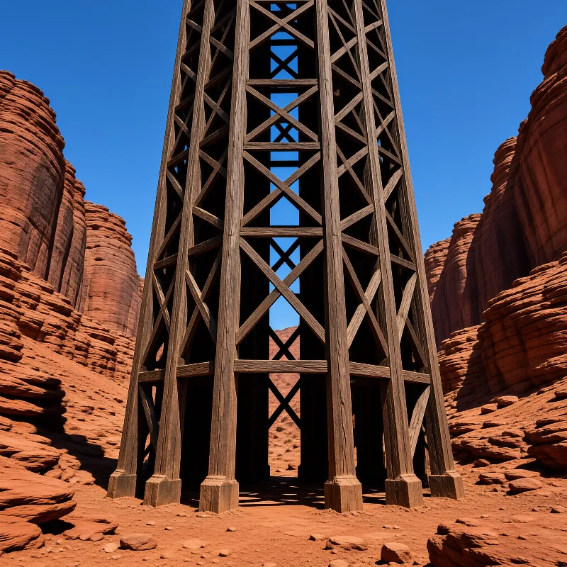 A tall timber lattice tower stands between sunlit sandstone walls under a clear blue desert sky