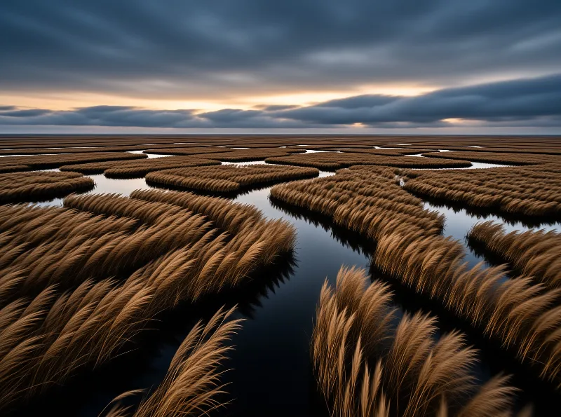 Wide shot of golden marsh islands separated by dark water channels under heavy clouds with sunset glow