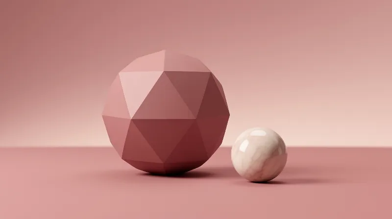 A large low-poly pink object sits beside a small glossy marble sphere on a seamless pink background.