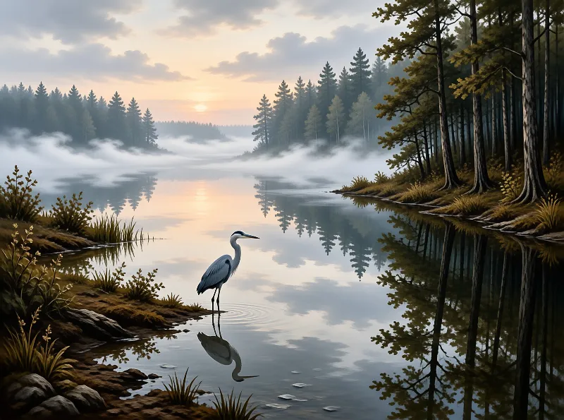 A large grey heron stands alone in the shallow water of a foggy lake while the sun rises behind a dense pine forest.
