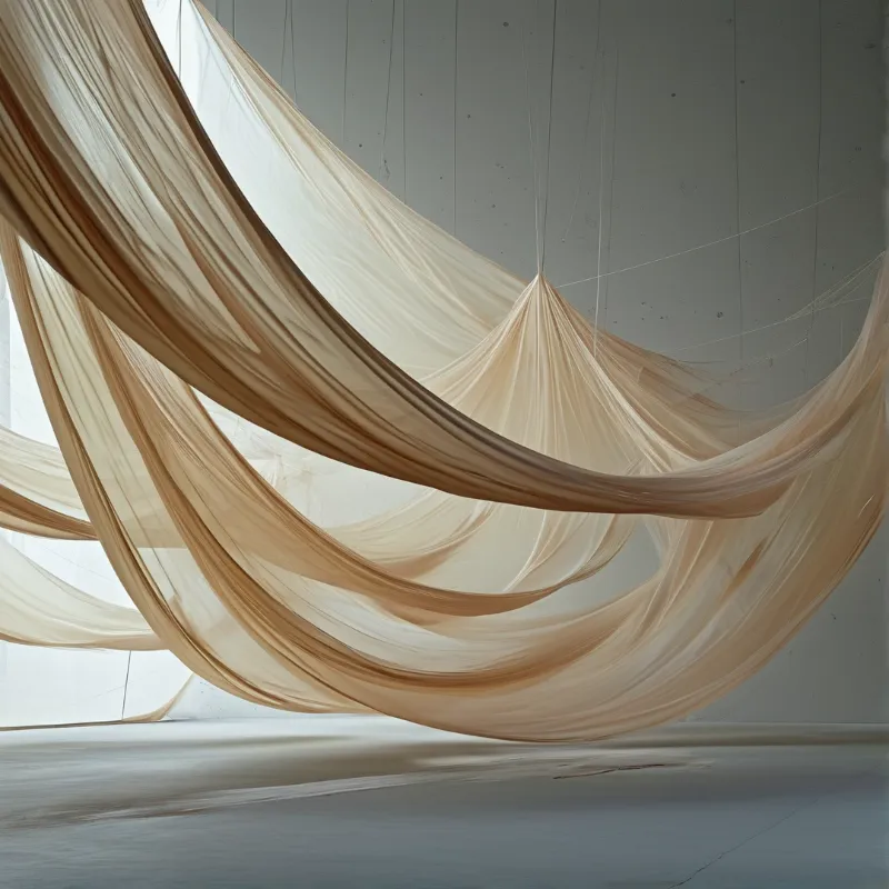 Translucent beige cloth hangs loosely creating soft curves inside a stark white room with concrete floors and soft light.
