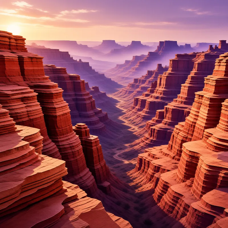 Layered red rock cliffs line a winding riverbed in a vast desert canyon during sunset.
