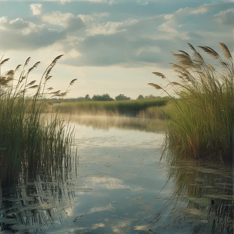 Tall marsh reeds lean in the gentle wind framing a calm still wetland water that reflects the soft pastel sky with scattered clouds above the distant tree line.