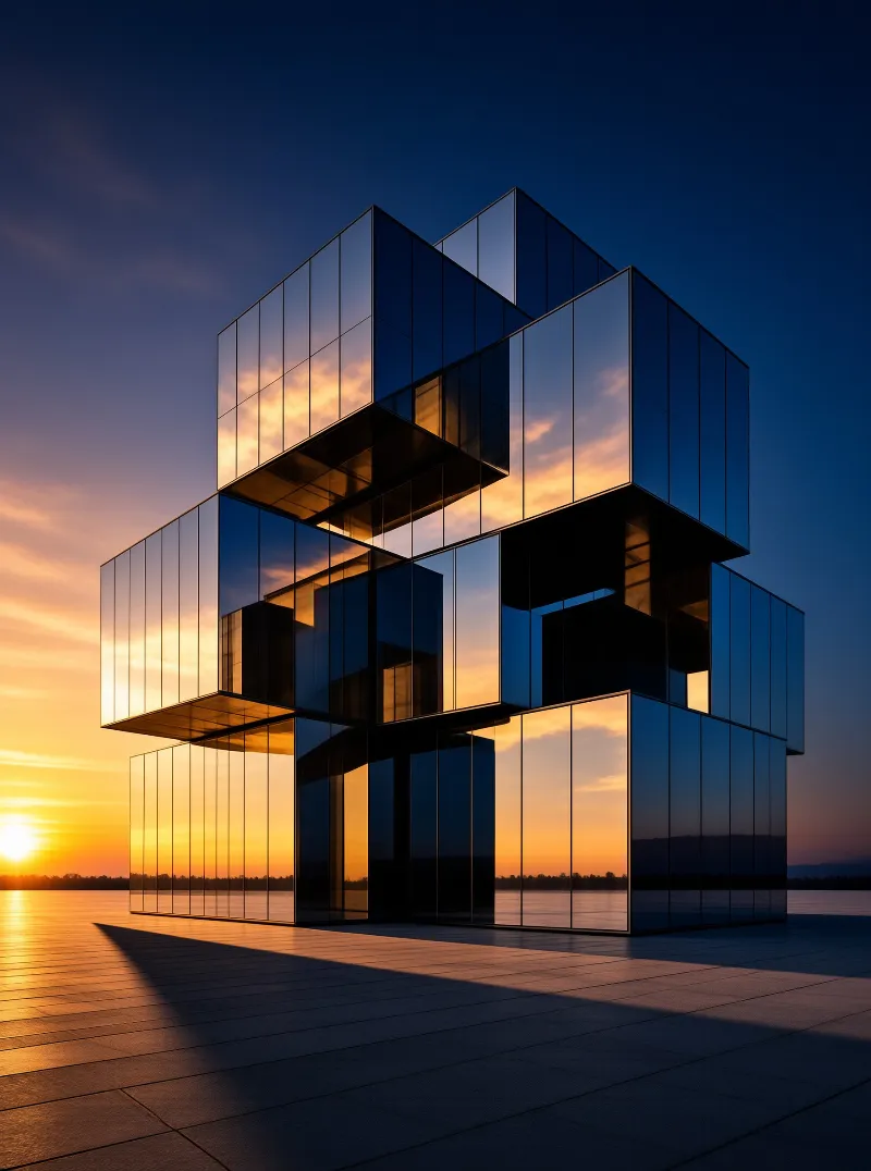 Stacked glass cubes form a tower on a paved surface reflecting the warm sunset light and deep blue sky.