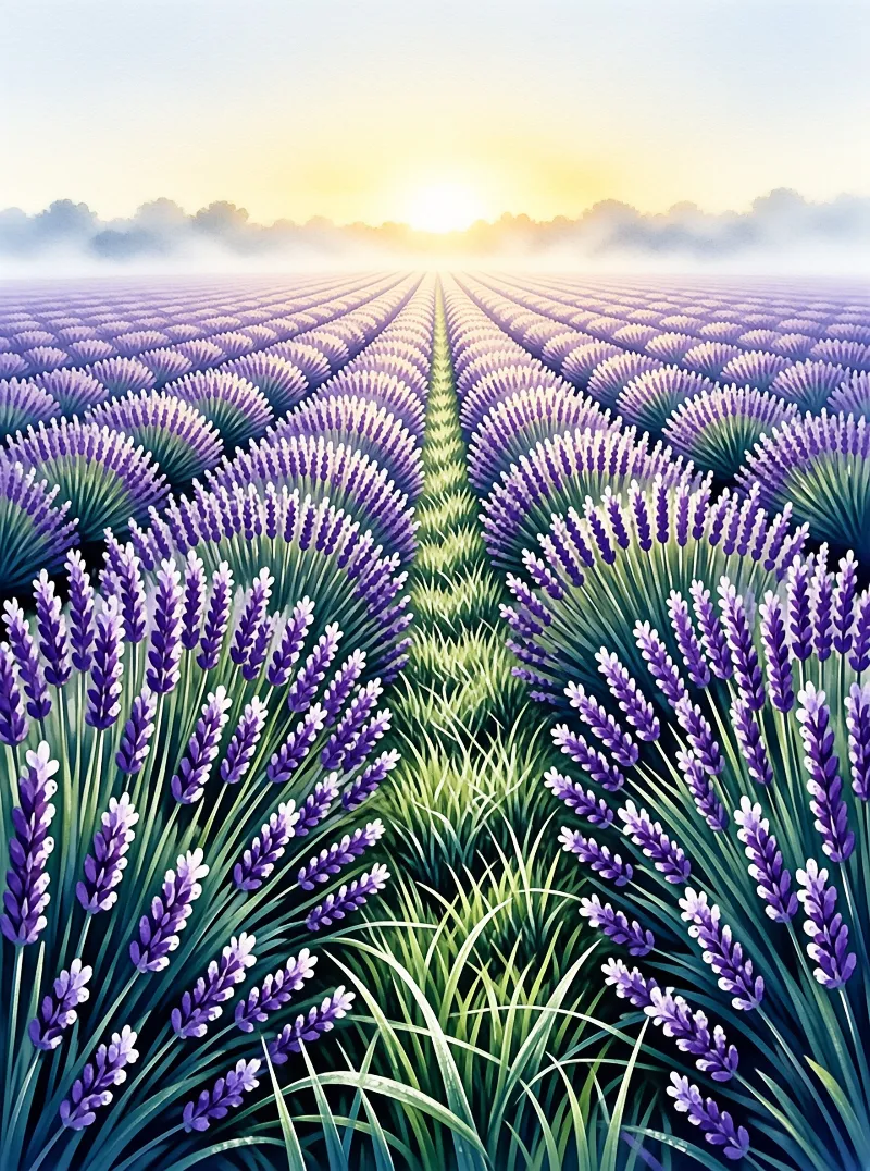 Neatly planted purple lavender beds line a grass path leading to a bright hazy sunrise over distant low cloud, painted in soft glowing tones.