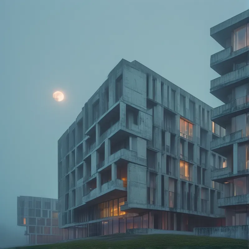 Brutalist Building in Fog