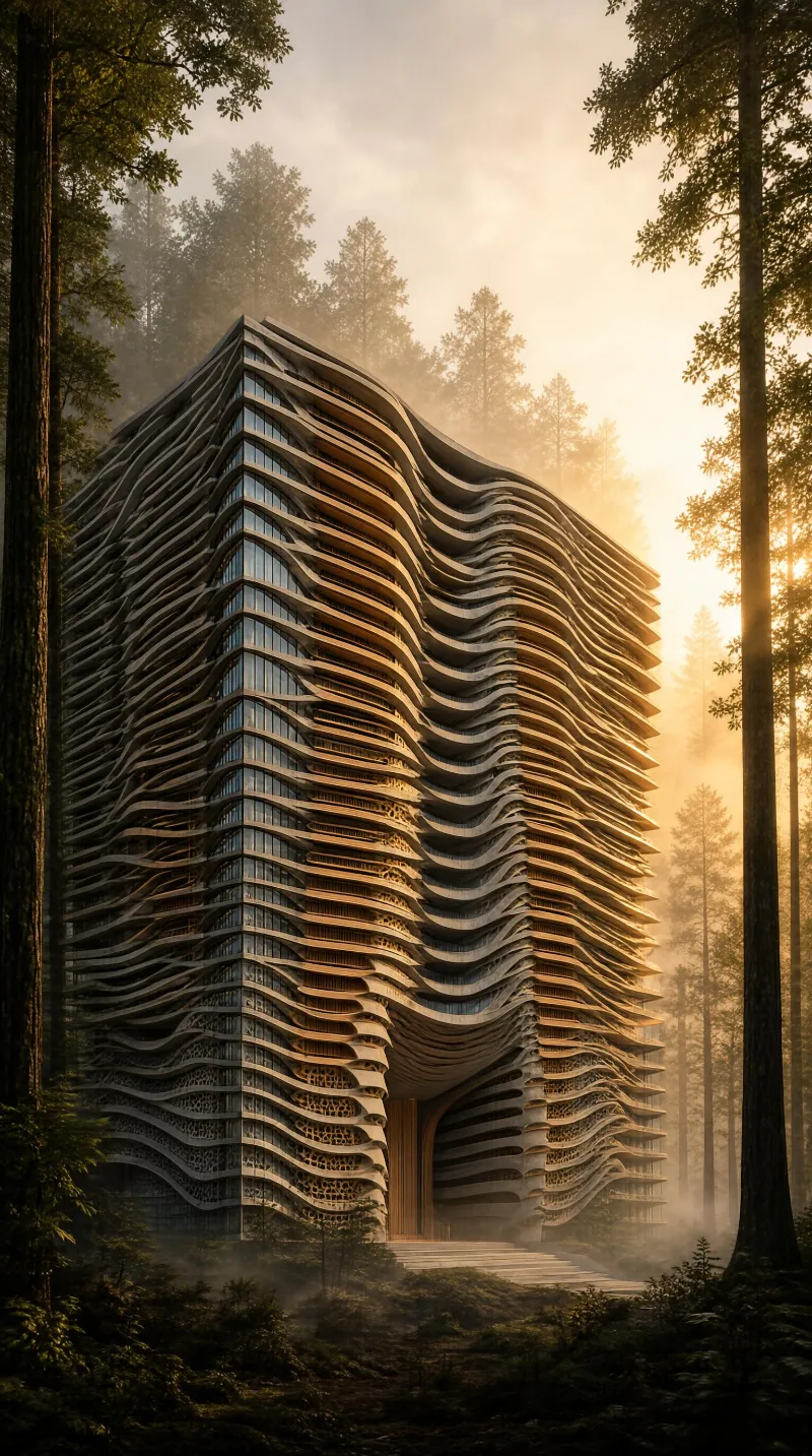 Modern Wave Building in Forest