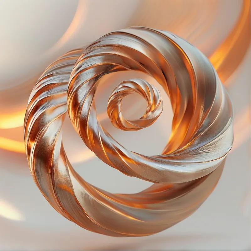 A twisted golden ribbon forms a spiral shape against a blurred warm background with glossy reflections highlighting curves.