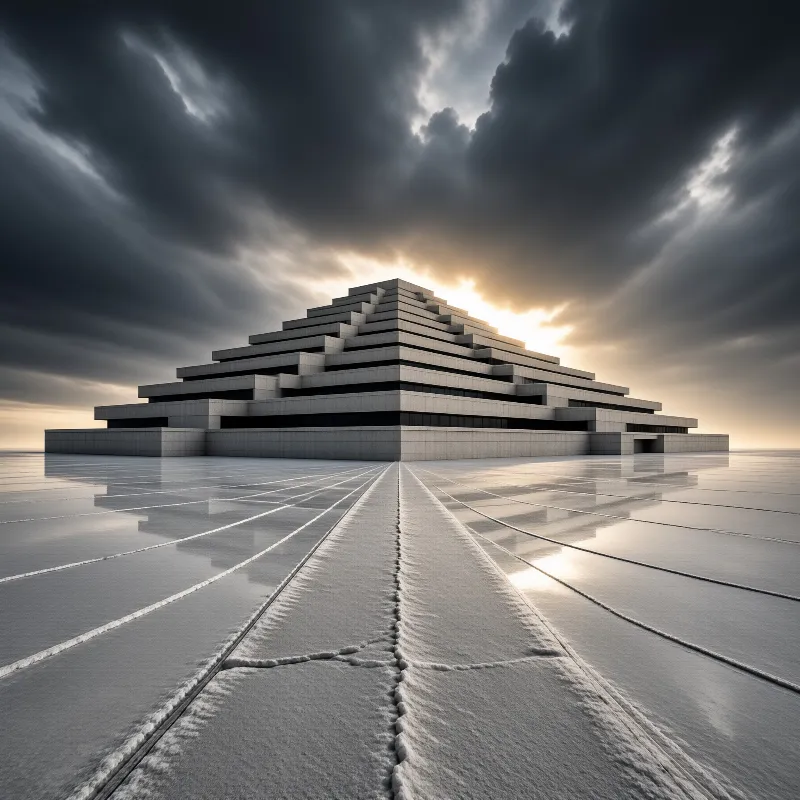 A tiered brutalist pyramid of pale concrete stands on a reflective salt flat beneath a stormy breaking sky.