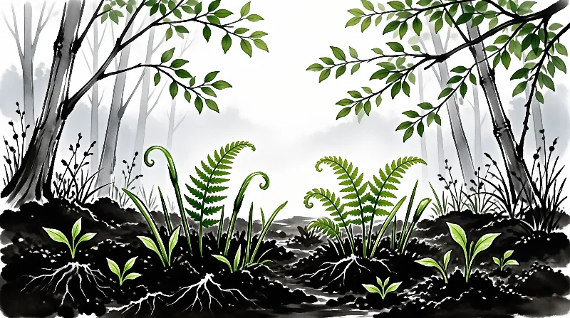 A stylized watercolor illustration depicts vibrant green ferns and tree branches rising from dark, textured soil against a misty white background featuring faint gray tree trunks.