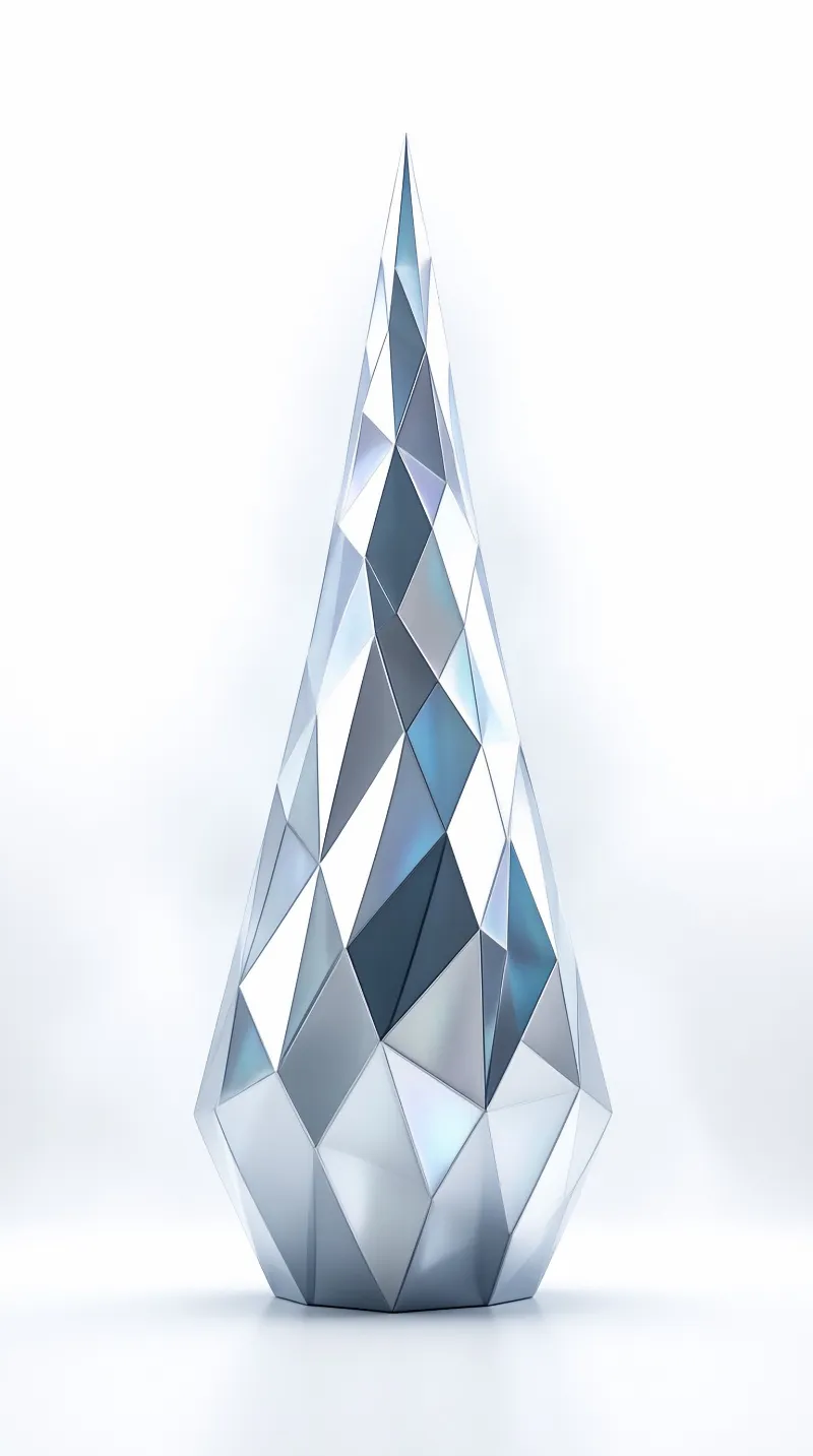 A tall silver blue gem shaped like a droplet rises against a clean pale backdrop with sharp reflective planes.