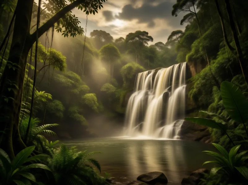 Sunlit Jungle Waterfall