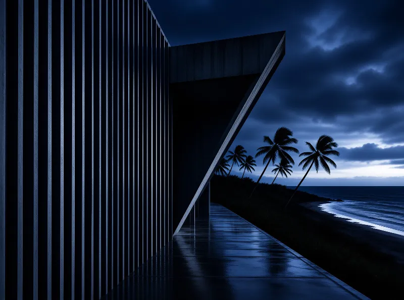 Ribbed concrete structure with projecting cantilever overlooks palm-lined beach under stormy skies, wet walkway reflects blue light.