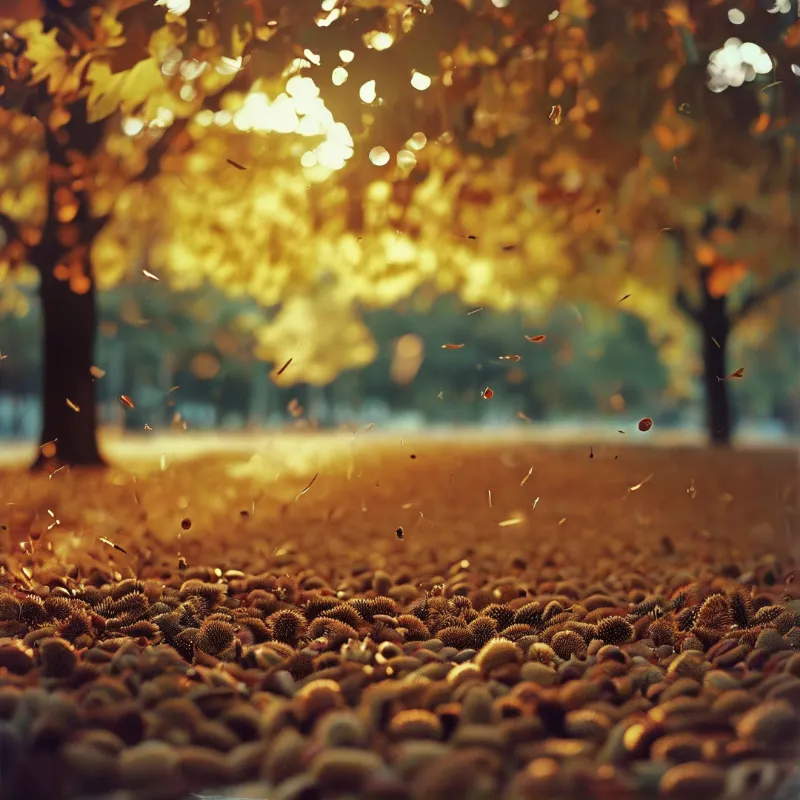 A thick layer of spiky chestnut burrs covers the ground while golden sunlight filters through autumn trees in the background.