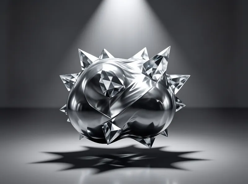 A shiny silver sphere covered in sharp crystal spikes sits under a beam of light on a grey surface.
