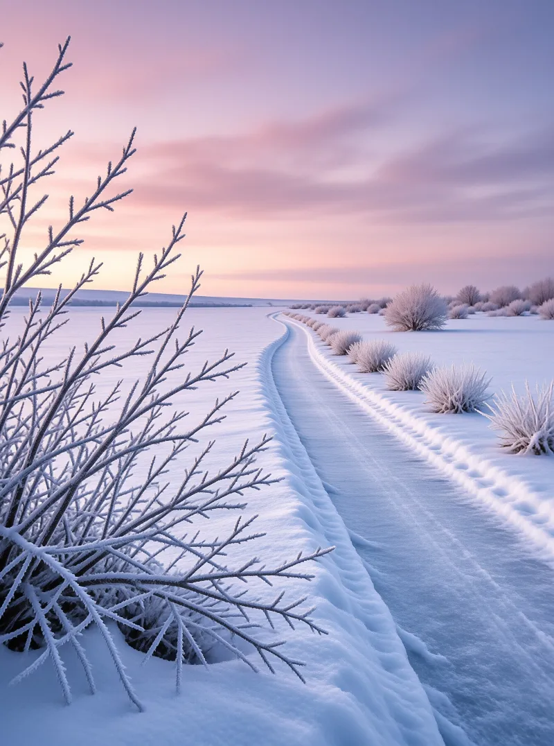 A frost covered trail winds through a snow blanketed plain under a soft twilight sky with ice coated shrubs.