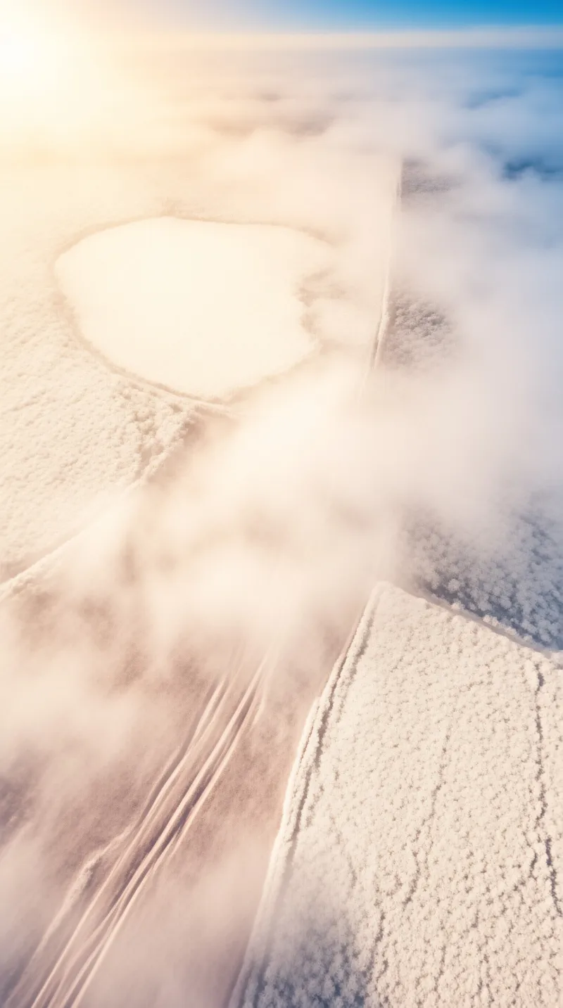 Aerial view of a white salt flat containing a heart shaped formation surrounded by rolling fog and warm dawn light.