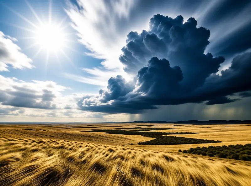 A dark towering storm cloud looms over wide golden grasslands, while bright sun rays stream across the blue sky to the left.