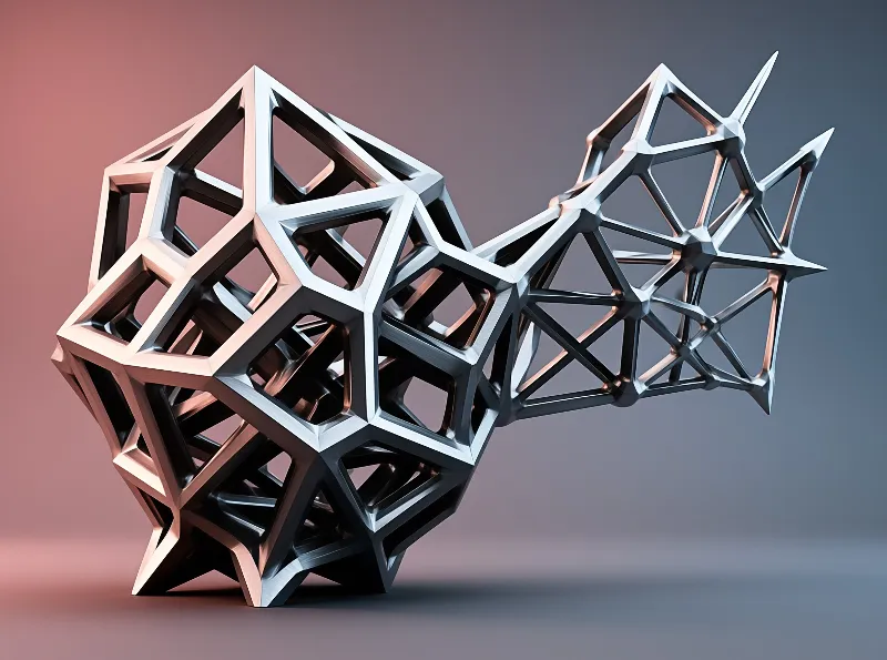 A complex geometric structure made of interlocking metal frames stands against a smooth gradient background.