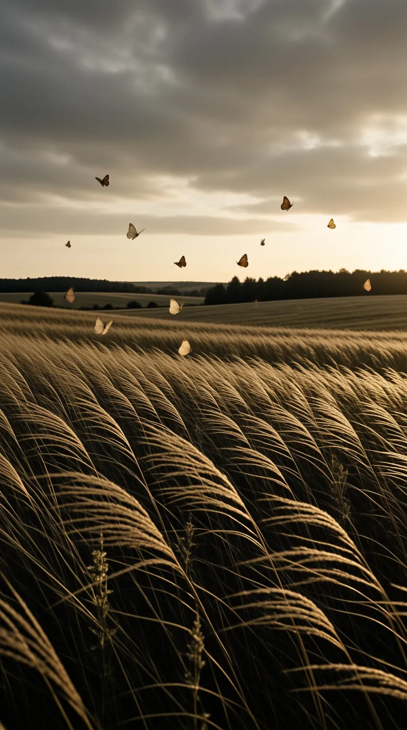 A flock of butterflies drifts across the sky above rippling wheat rows bathed in warm sunset light