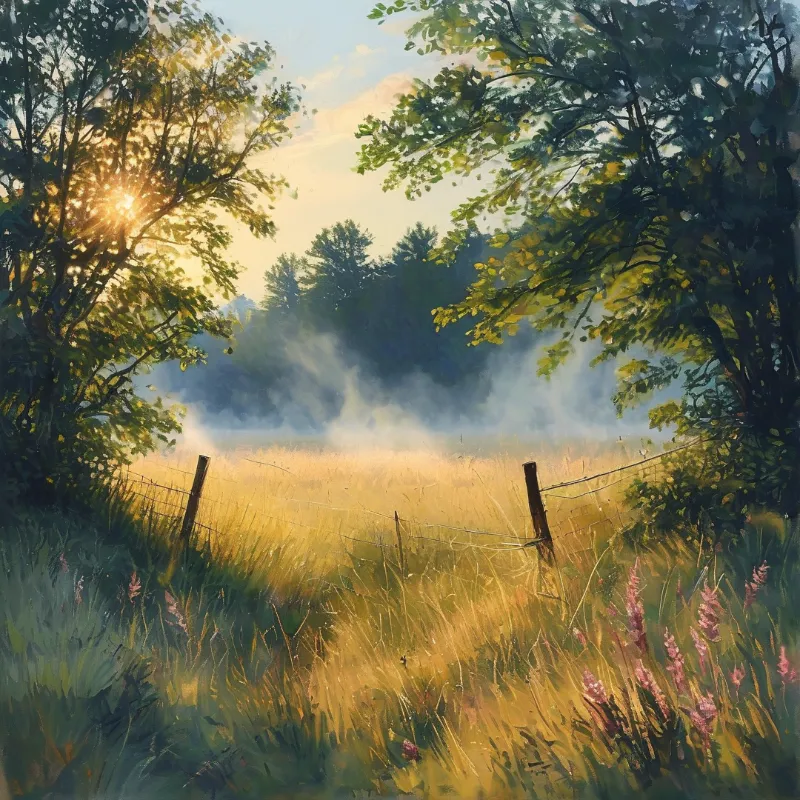 A painting of a grassy field with a wooden fence standing in the mist while sunlight shines through the trees.