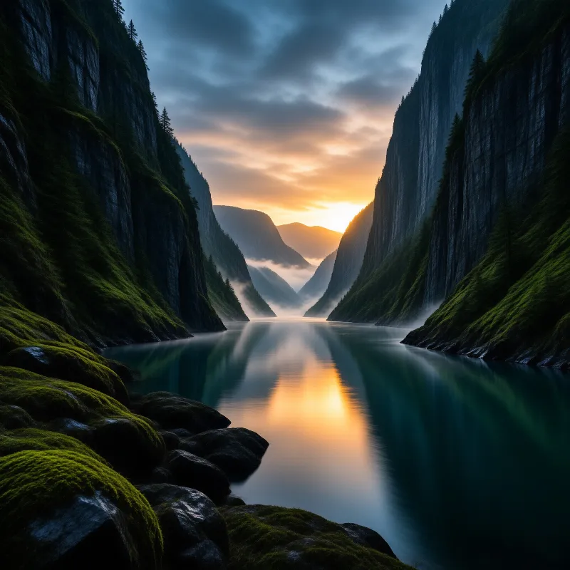 Still clear water of a narrow deep fjord mirrors the warm orange dawn sky between towering moss covered forested rock walls.