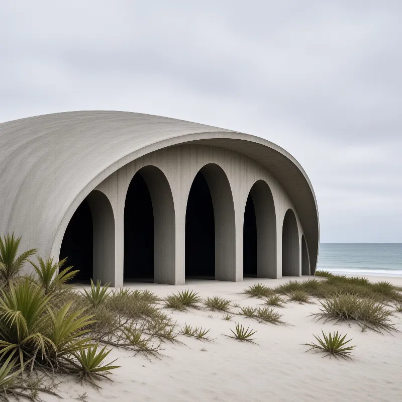 A modern concrete building with large arches sits on a sandy beach under a cloudy sky.