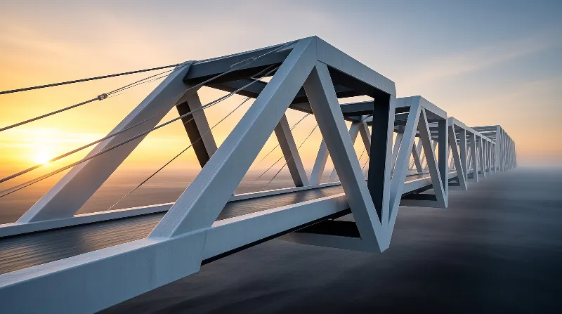 A white steel truss bridge stretches across calm water towards a glowing sunset horizon on the ocean.