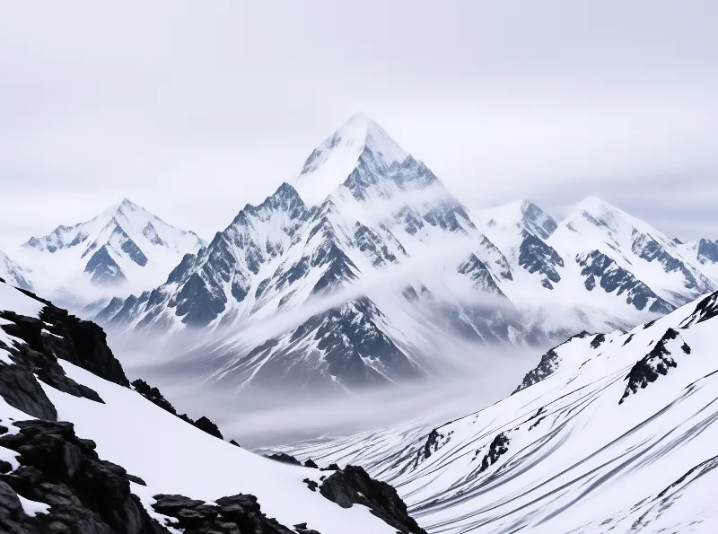 Dark snow covered rocky slopes frame jagged snow capped peaks shrouded in low drifting fog under pale overcast skies