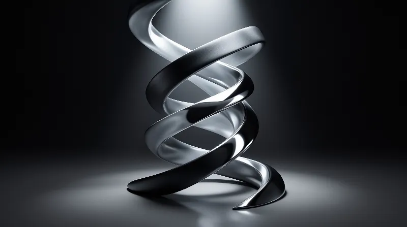 A polished metal ribbon twists into a spiral form standing on a dark reflective floor under bright overhead lighting.