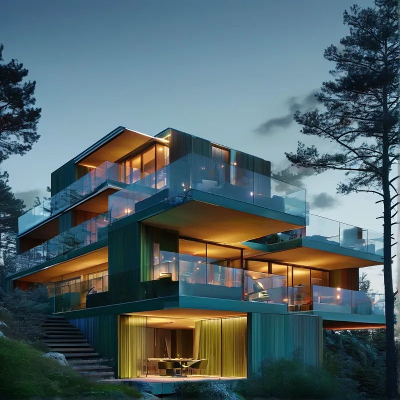 A modern cantilevered villa lights up its pine covered hillside as blue twilight settles over the forest.