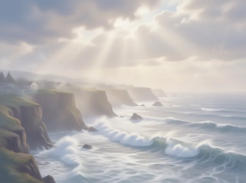 Sunbeams Over Misty Coastal Cliffs