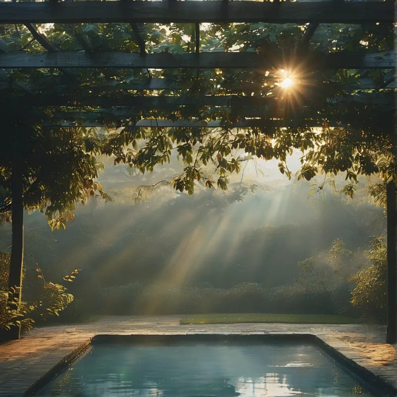 Sun rays shine through a wooden pergola roof above a calm pool and misty forest background.