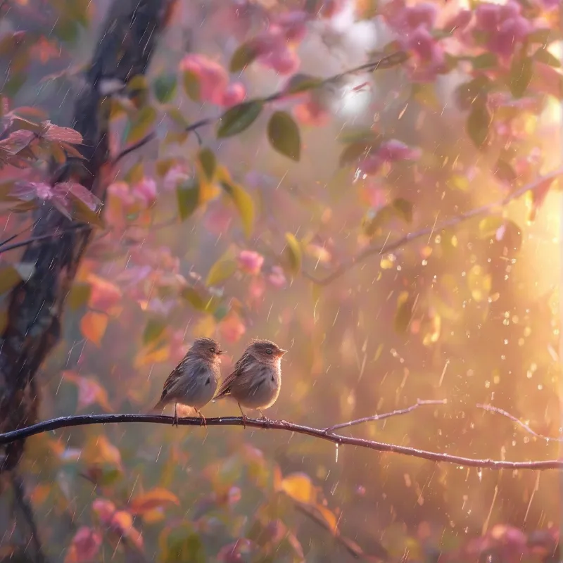 A pair of small brown sparrows rest on a thin branch surrounded by pink flowering plants in soft warm rain with glowing golden backlight