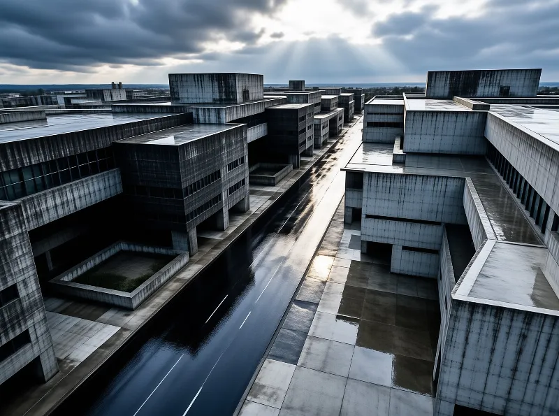 Aerial view of grey concrete buildings surrounding a wet road with sun rays breaking through clouds.