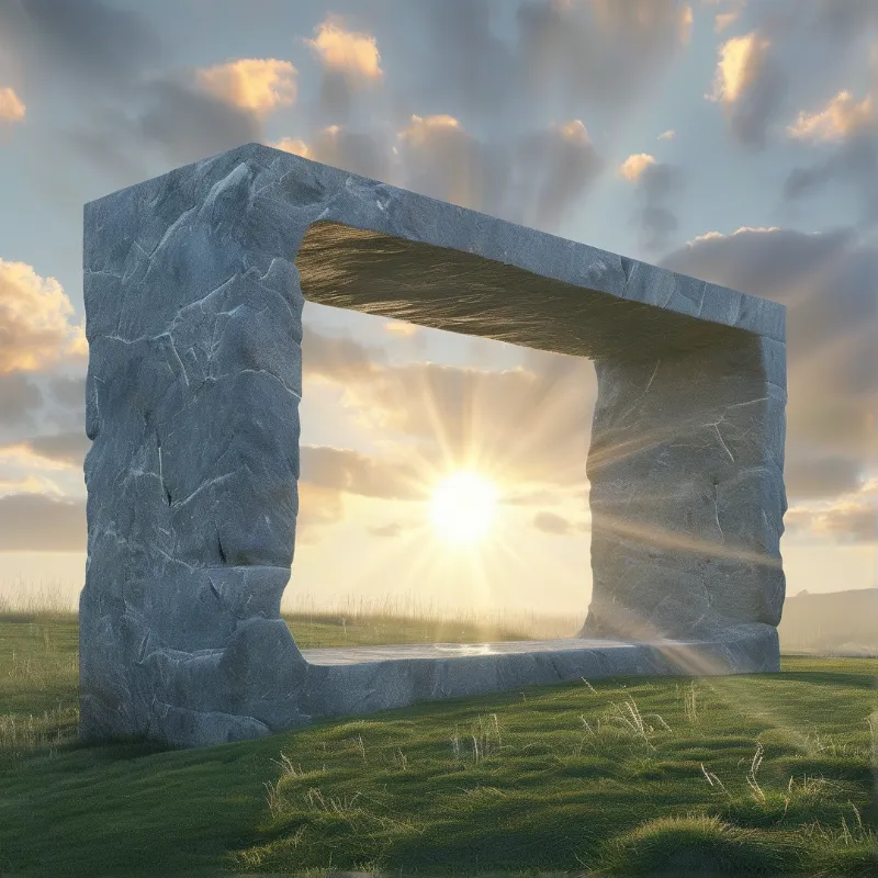 A rough stone arch stands on green grass framing a bright sunburst and clouds at golden hour.