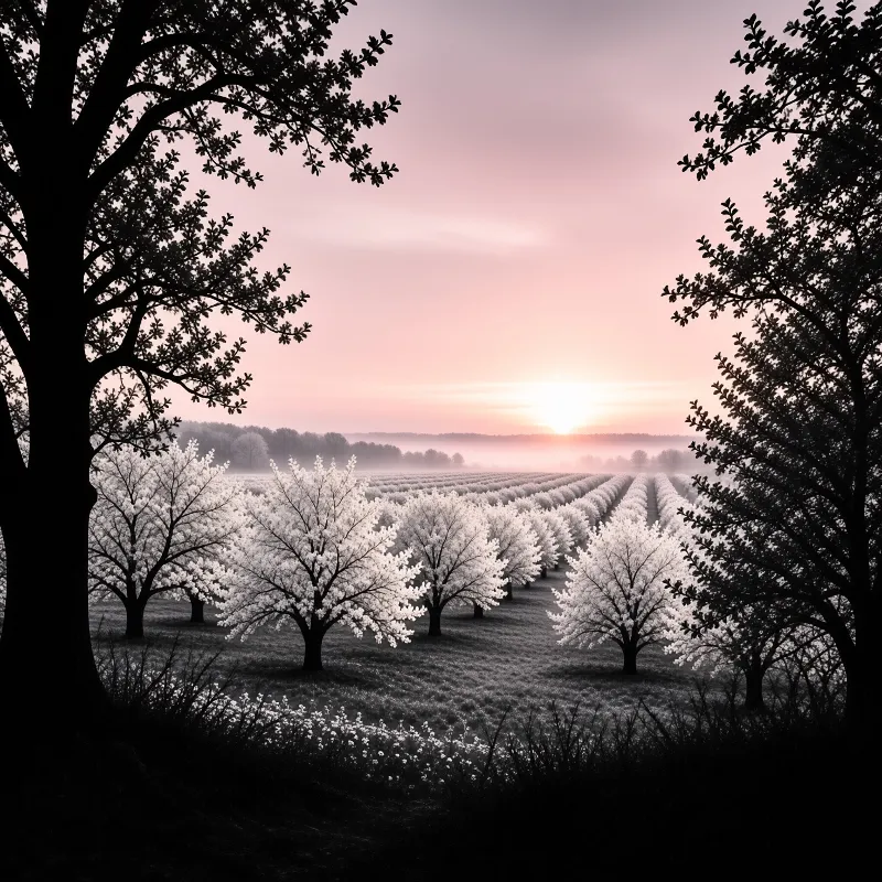 White flowering trees extend into a foggy distance beneath a soft pink daybreak sky, framed by dark branches.
