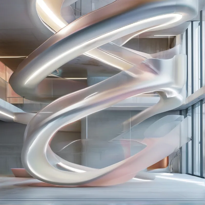 A large twisted white and pink abstract sculpture twists through a bright concrete room beside a tall glass window.